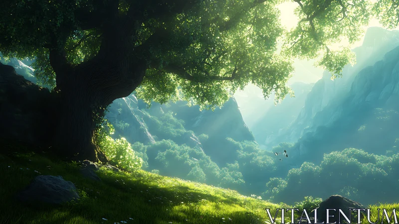 Alpine Valley Pastoral: Sunlit Mountain Sanctuary with Ancient Oak Canopy.
