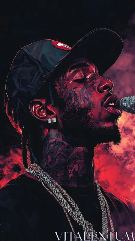 Soulful rapper lost in music under glowing red smoke.
