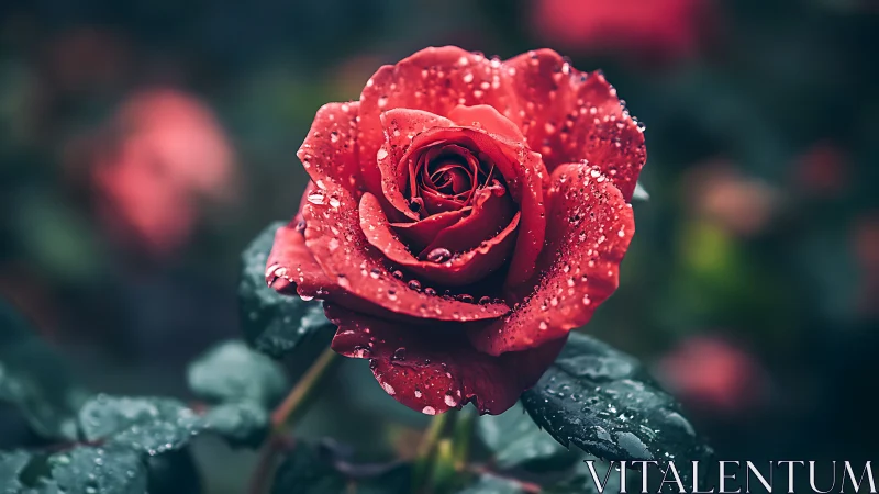 Crimson rose glistens with fresh dew drops in soft garden light