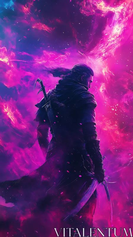 Neon-lit warrior silhouette emerges from swirling cosmic nebula