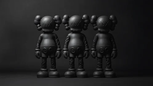 Matte black vinyl art toy trio under soft directional lighting