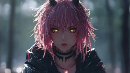 Demon-eyed punk girl stares through misty forest dusk.