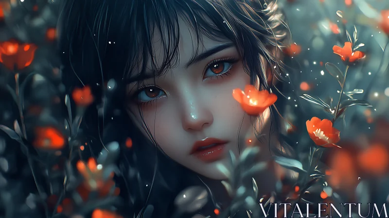 Digital portrait of girl framed by glowing red flowers.