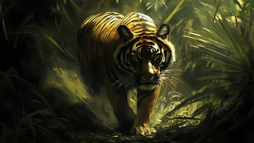 Quiet jungle prowl with a tiger bathed in golden light.
