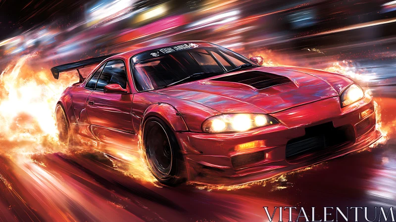 Aerodynamic street racer in high-energy motion blur flames.