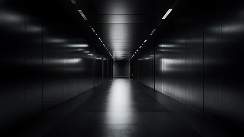 Midnight corridor stretches forward like a polished monolith