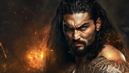 Long haired tattooed man against dark fiery backdrop.