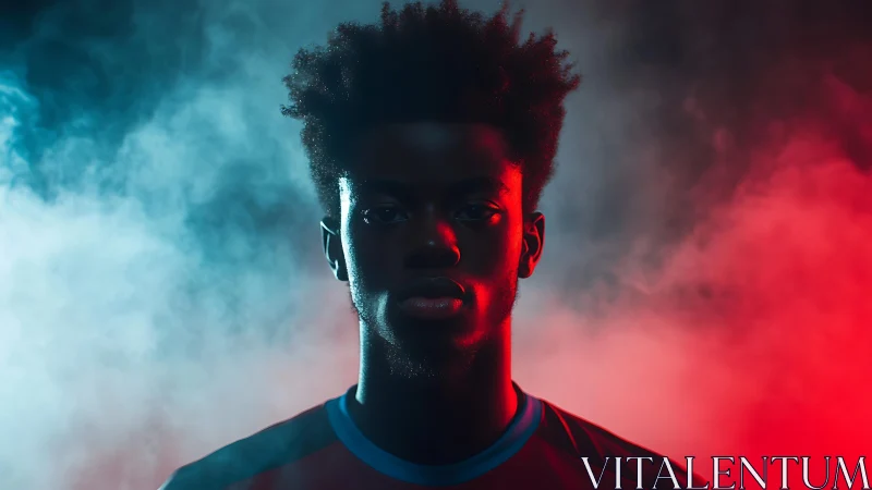 Portrait silhouette isolates young athlete in red blue smoke