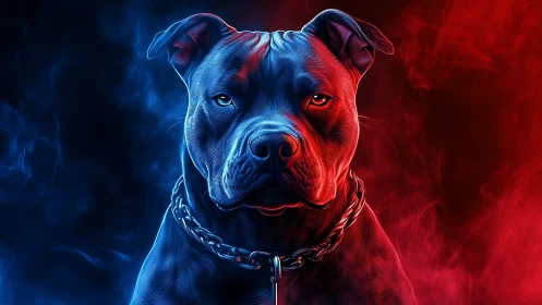 Pit bull portrait with dual red blue lighting and smoke.