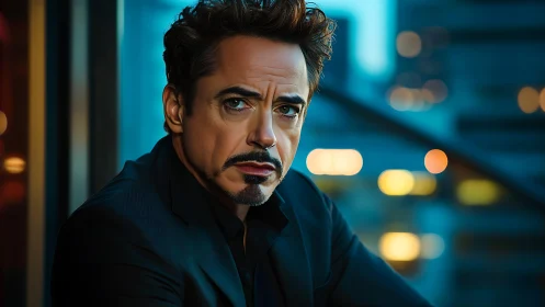 Digital portrait of man in dark suit against city lights