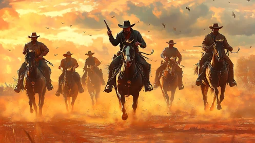 Sunlit cowboy riders charge through blazing desert dust.