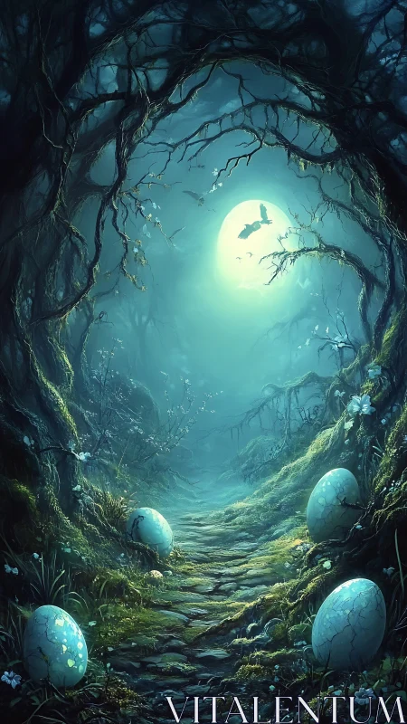 Moonlit forest path with hatching dragon eggs in misty glow.