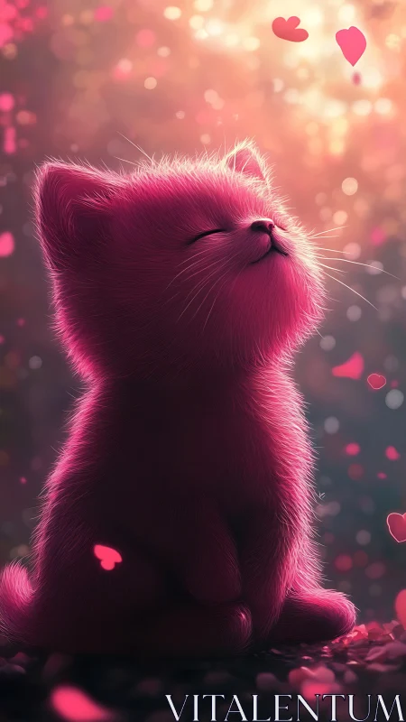 Pink Fluffy Cat Surrounded by Love Hearts.