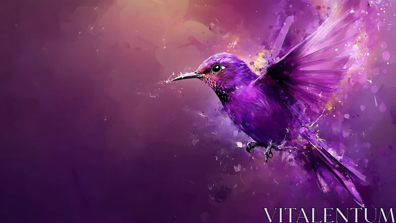 Vibrant purple hummingbird bursts through abstract light.