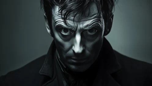 Moody monochrome portrait with intense shadowed stare.