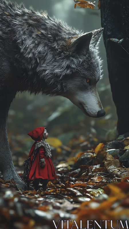 Little red cloak and forest wolf share a quiet pause.