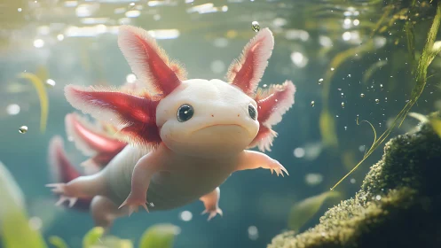 Axolotl underwater with pink gills in clear habitat.