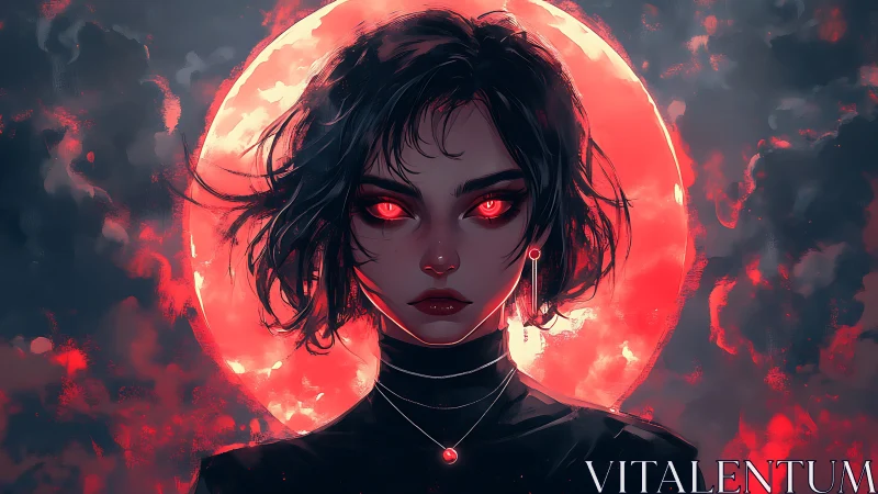 Midnight muse glowing beneath a wild crimson moon.