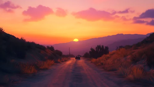 Solitary vehicle on desert road under layered sunset sky.
