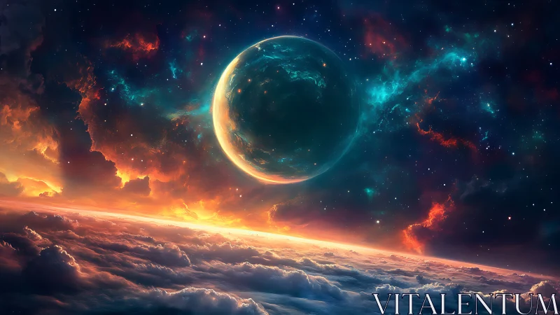 Orbital dawn drapes a newborn world in burning nebulae