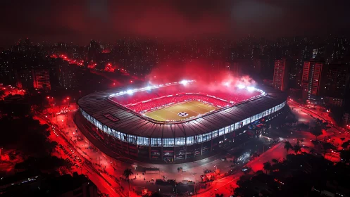 Glowing night stadium welcomes passionate city football fans