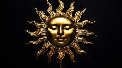 Golden sun with serene face, radiant rays, and elegant artistry.