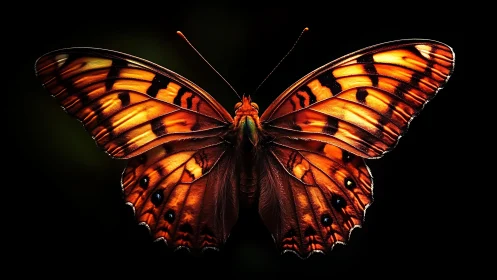 Vivid orange butterfly with spread wings on black background.