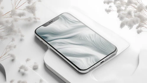 Minimalist smartphone mockup displaying flowing digital wallpaper