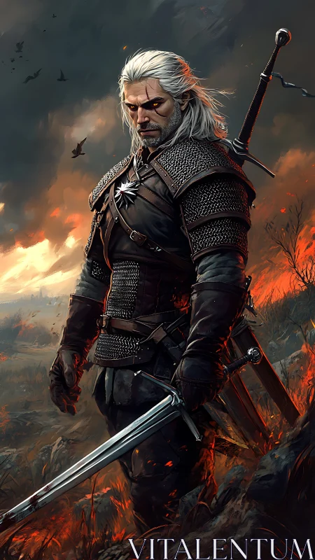 White haired warrior stands armed in burning battlefield.