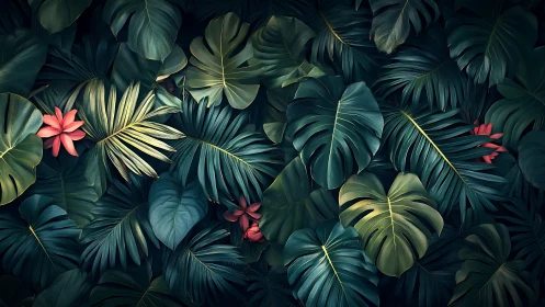 Digital tropical foliage tapestry with layered jungle leaves.