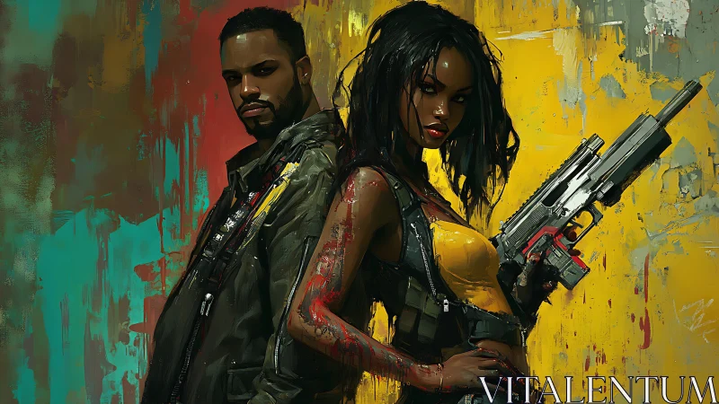 Vigilant cyberpunk duo stand ready against vivid chaos