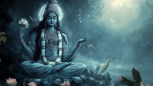 Serene blue deity meditating by misty lotus riverbank.
