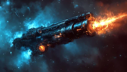 Massive starship cannon blasting fire through deep space.