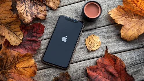 Black iPhone with Apple logo surrounded by autumn foliage and cosmetics on wood surface