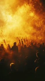 Silhouetted crowd beneath inferno sky erupts with raised arms.