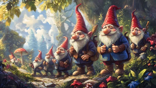 Forest gnome caravan crossing sunlit woodland path.