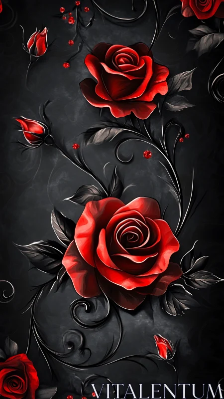 Red Roses on Dark Ornamental Background.