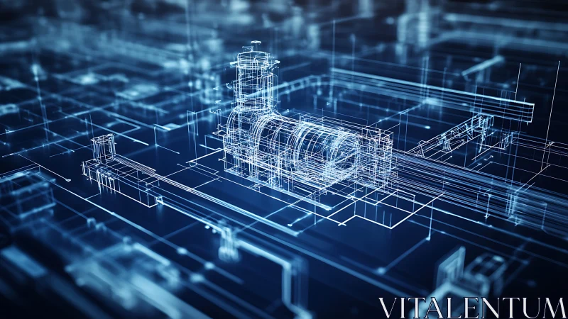 Isometric wireframe turbine plant visualizes complex CAD pipeline