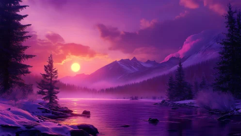 Violet dusk ignites a crystalline winter mountain river dream.