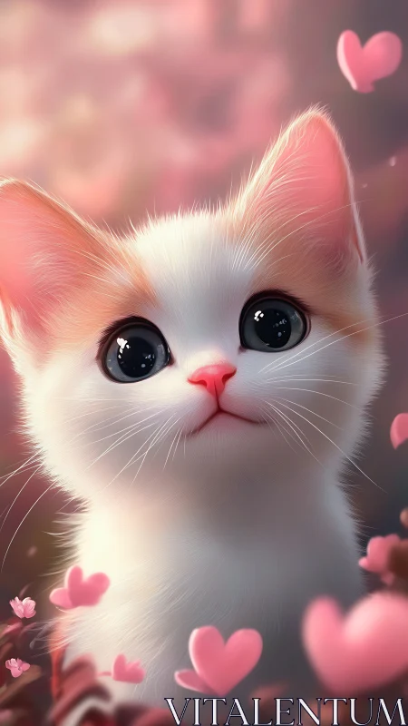 Adorable White Kitten Surrounded by Floating Pink Hearts