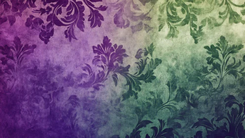 Floral damask pattern over textured purple to green gradient