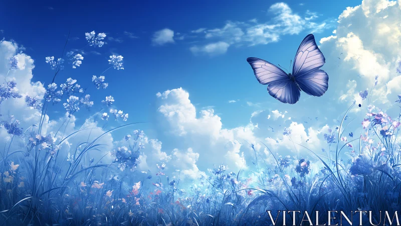 Majestic Blue Butterfly in Dreamy Wildflower Meadow, Digital Art.
