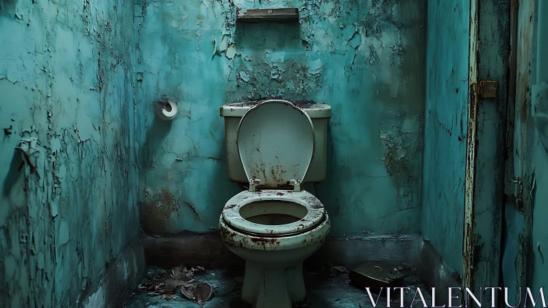 Decayed turquoise restroom with corroded toilet and peeling walls.