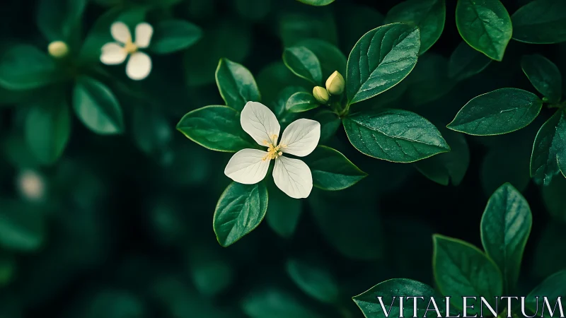 Quiet white blossom resting in a sea of deep green leaves.