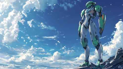 Mecha robot standing on rocky ledge under open sky.