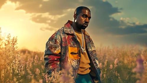 Man stands in floral field at sunset wearing patterned jacket