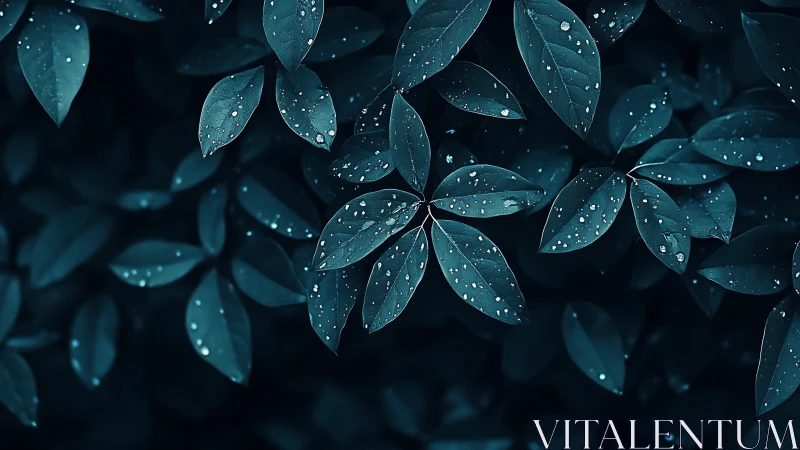 Dark teal leaves with scattered fresh raindrops at night.