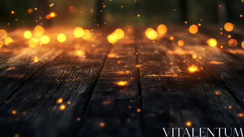 Firefly lights drift above weathered midnight floorboards.