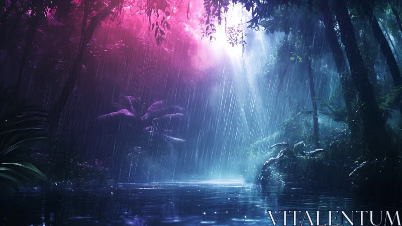 Bioluminescent Rain Forest: Mystical Waterfall in Neon Light.