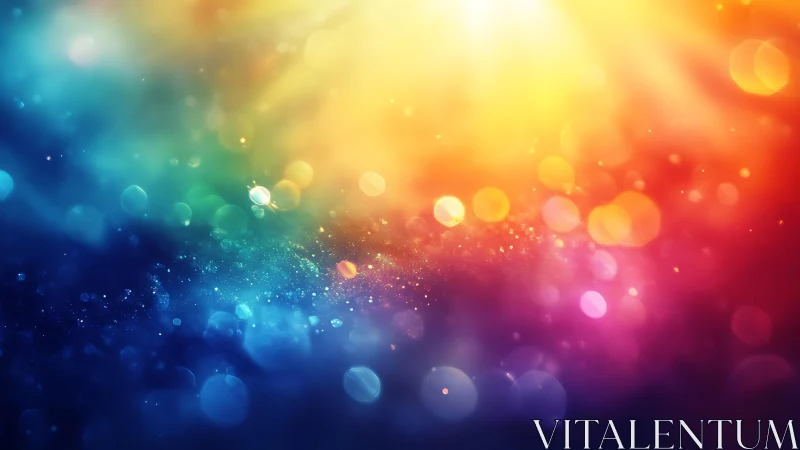 Vibrant Abstract Bokeh Lights in Rainbow Gradient Background.
